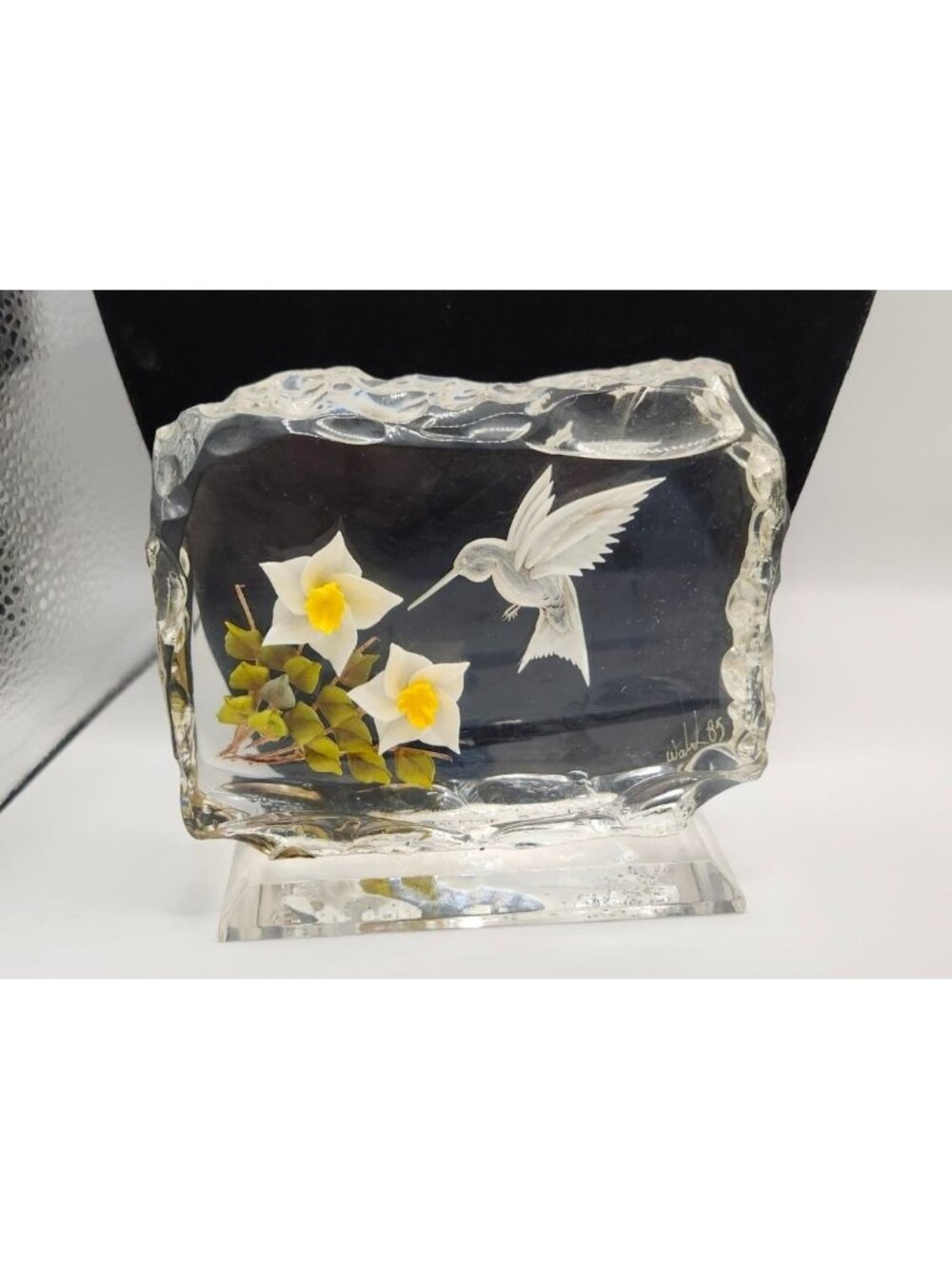 Vintage Murray Wald 1985 Acrylic Block  Hummingbird & Daffodil Carving - Signed